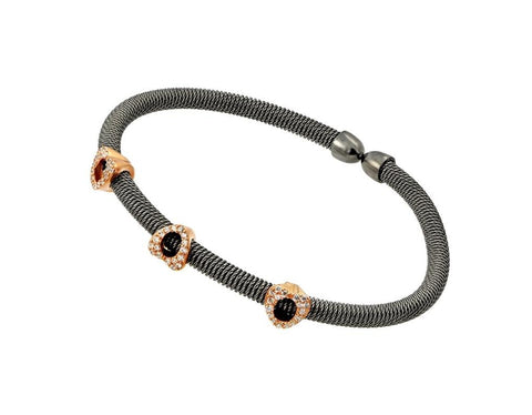 .925 Sterling Silver Rhodium Plated & Gold Plated Three Black Cz Bracelet