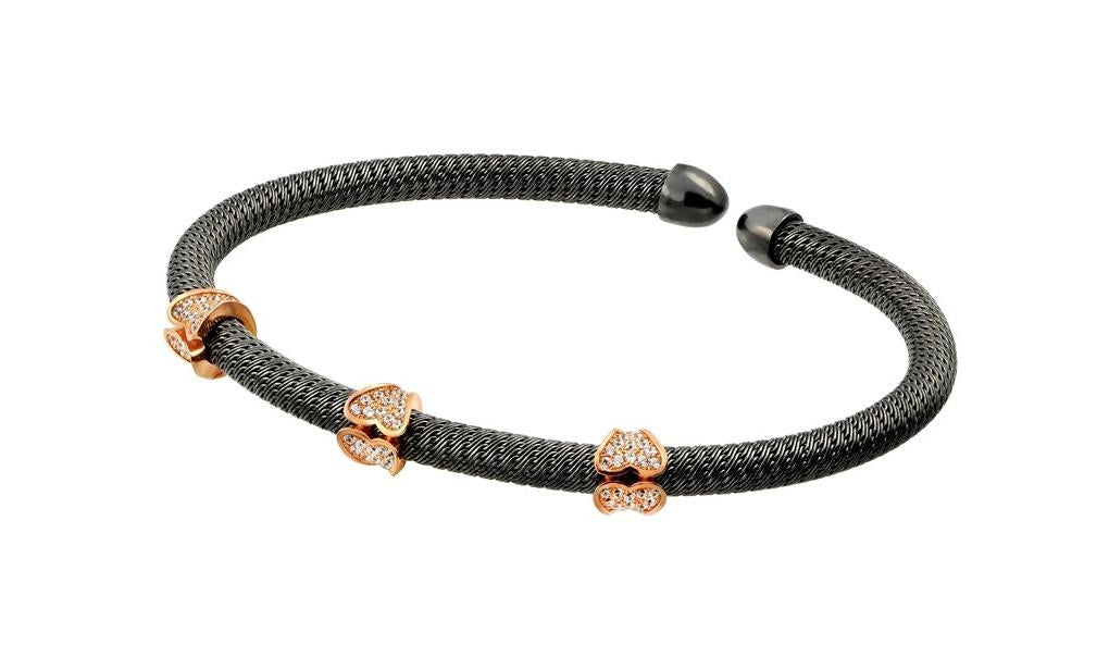 .925 Sterling Silver Black Rhodium & Rose Gold Plated Micro Pave Clear Cz Bracelet