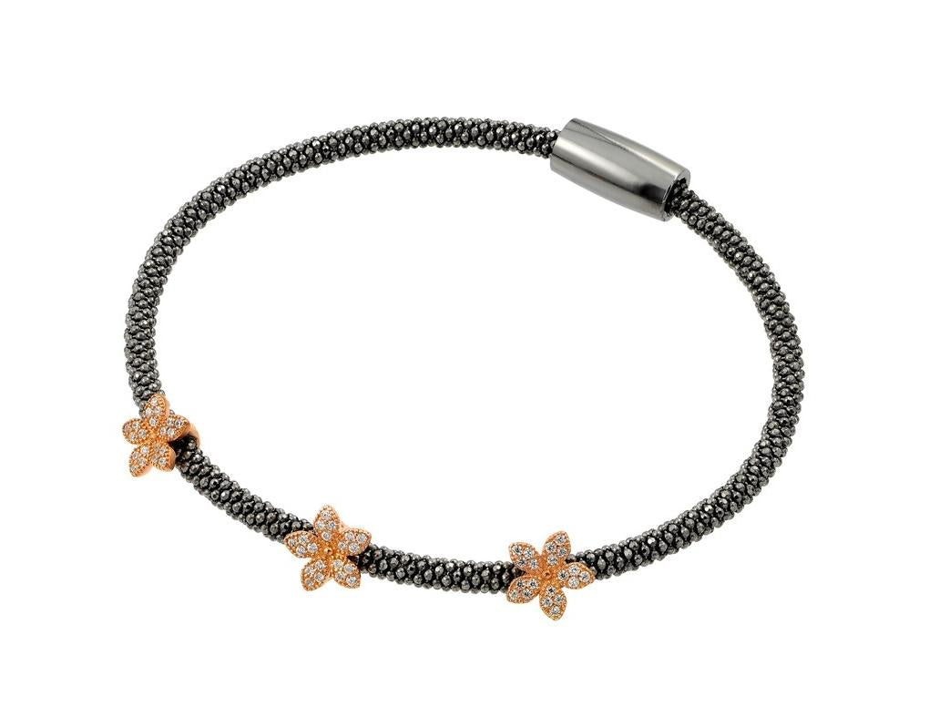 .925 Sterling Silver Black Rhodium & Rose Gold Plated Three Flower Clear Cz Inlay Bracelet