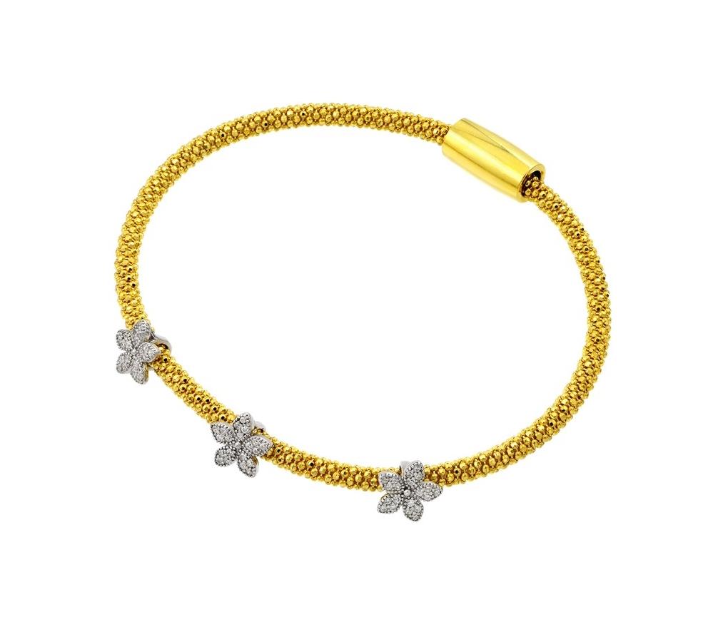 .925 Sterling Silver Rhodium & Gold Plated Three Flower Clear Cz Inlay Bracelet