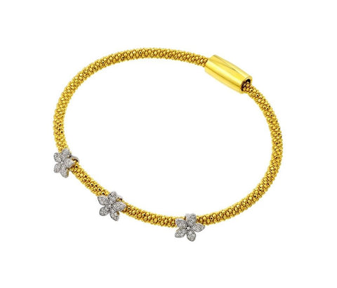 .925 Sterling Silver Rhodium & Gold Plated Three Flower Clear Cz Inlay Bracelet