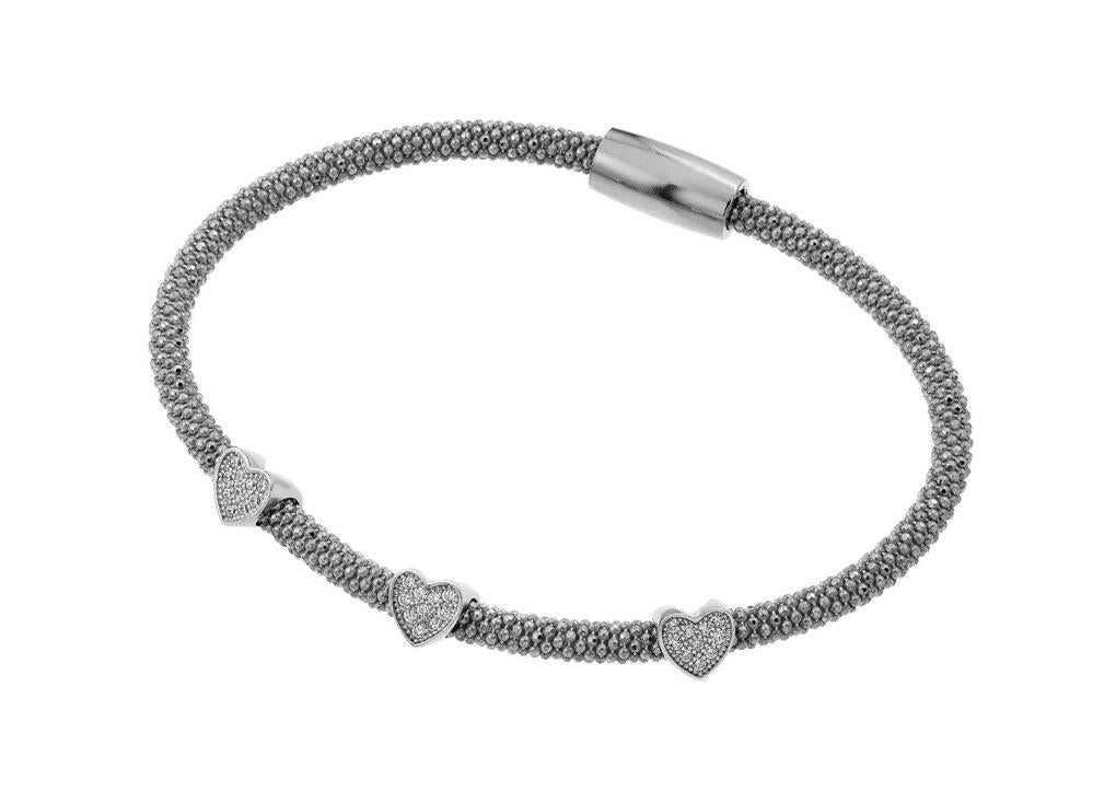 .925 Sterling Silver Black Rhodium Plated Three Heart Clear Cz Inlay Bracelet