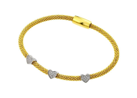 .925 Sterling Silver Black Rhodium & Gold Plated Three Heart Clear Cz Inlay Bracelet