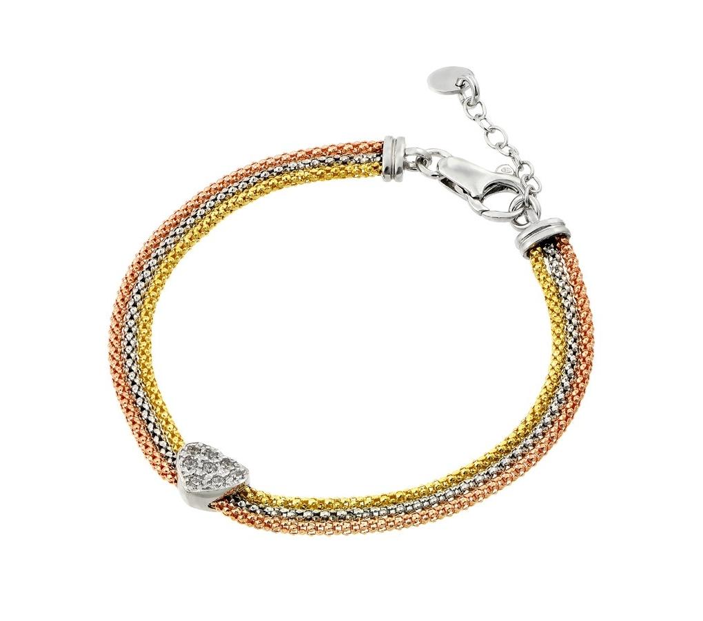 .925 Sterling Silver Rhodium & Rose Gold & Gold Plated Heart Clear Cz Inlay Bracelet