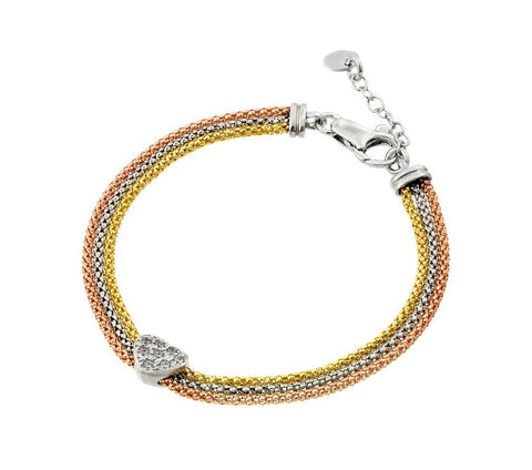 .925 Sterling Silver Rhodium & Rose Gold & Gold Plated Heart Clear Cz Inlay Bracelet