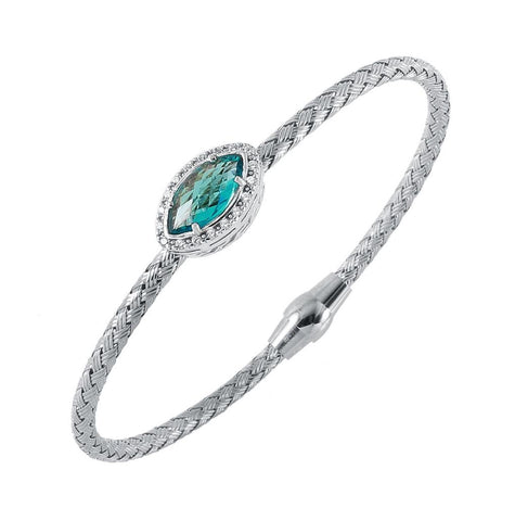 .925 Sterling Silver Rhodium Plated Twisted Aqua Cz Stone Bangle Bracelet