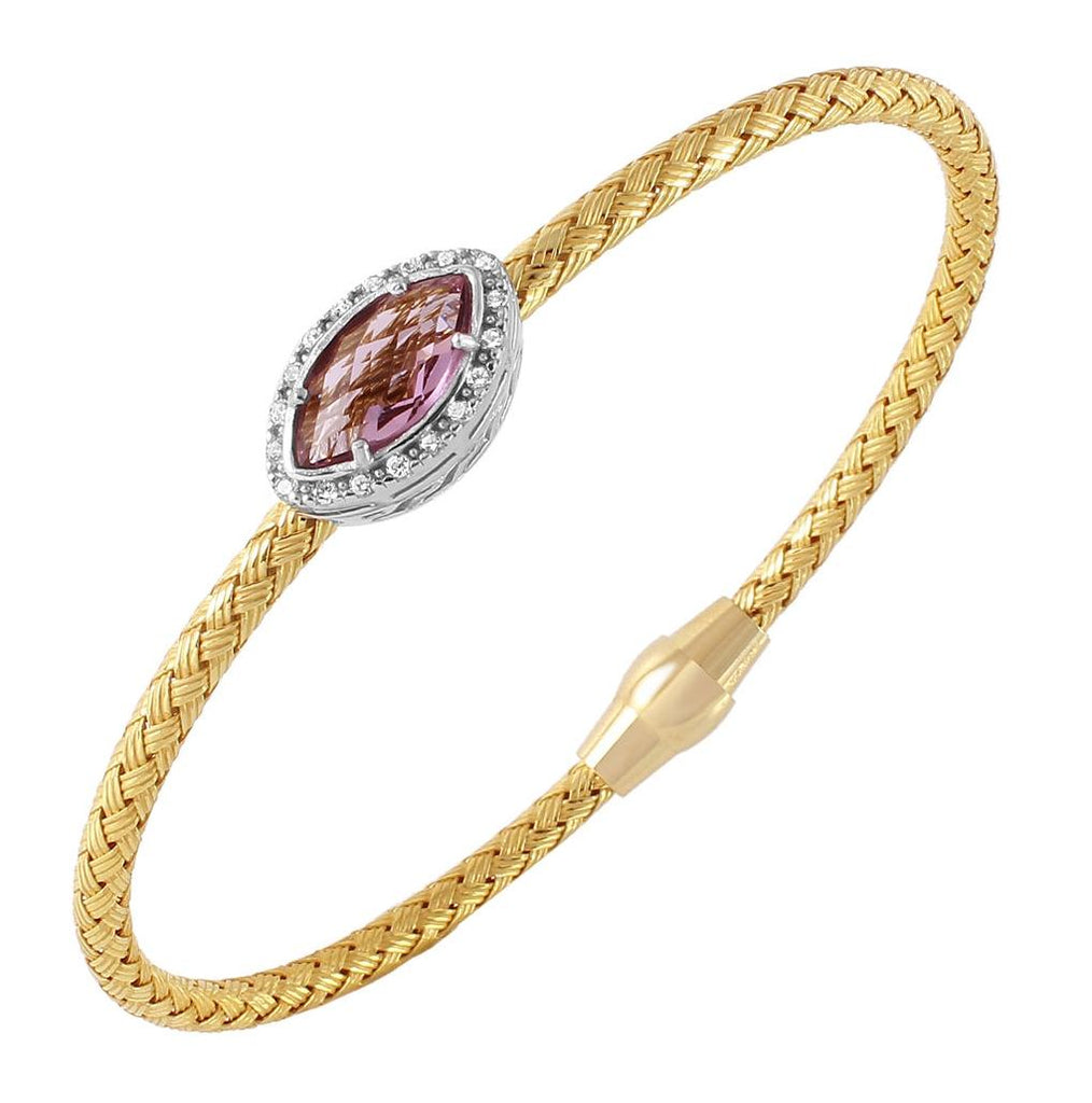 .925 Sterling Silver Gold Plated Twisted Purple Cz Stone Bangle Bracelet