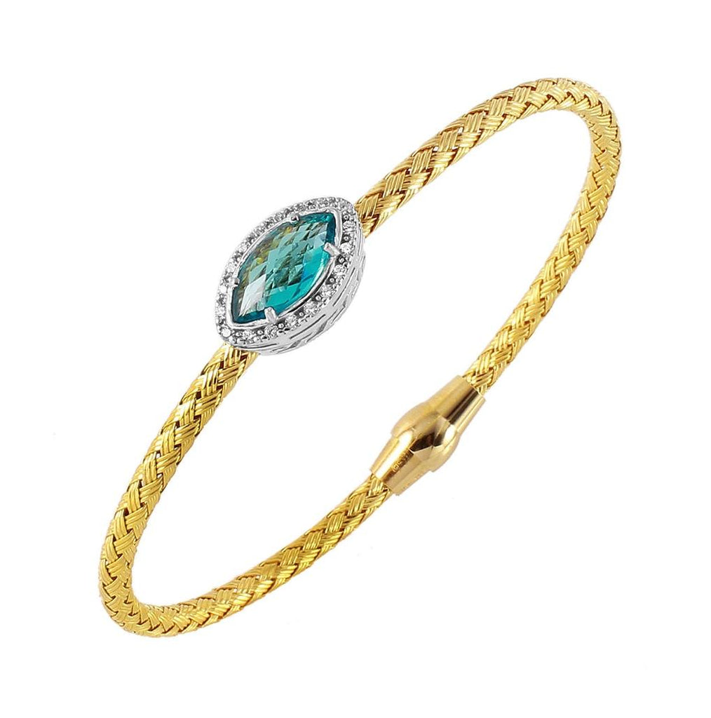 .925 Sterling Silver Gold Plated Twisted Aqua Cz Stone Bangle Bracelet