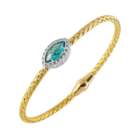 .925 Sterling Silver Gold Plated Twisted Aqua Cz Stone Bangle Bracelet