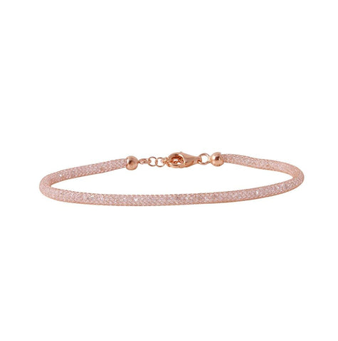 .925 Sterling Silver Rose Gold Plated Mesh Embedded Cz Slim Italian Bracelet