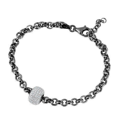 .925 Sterling Silver Black Rhodium Plated Rolo Bracelet With Micro Pave Center Bead