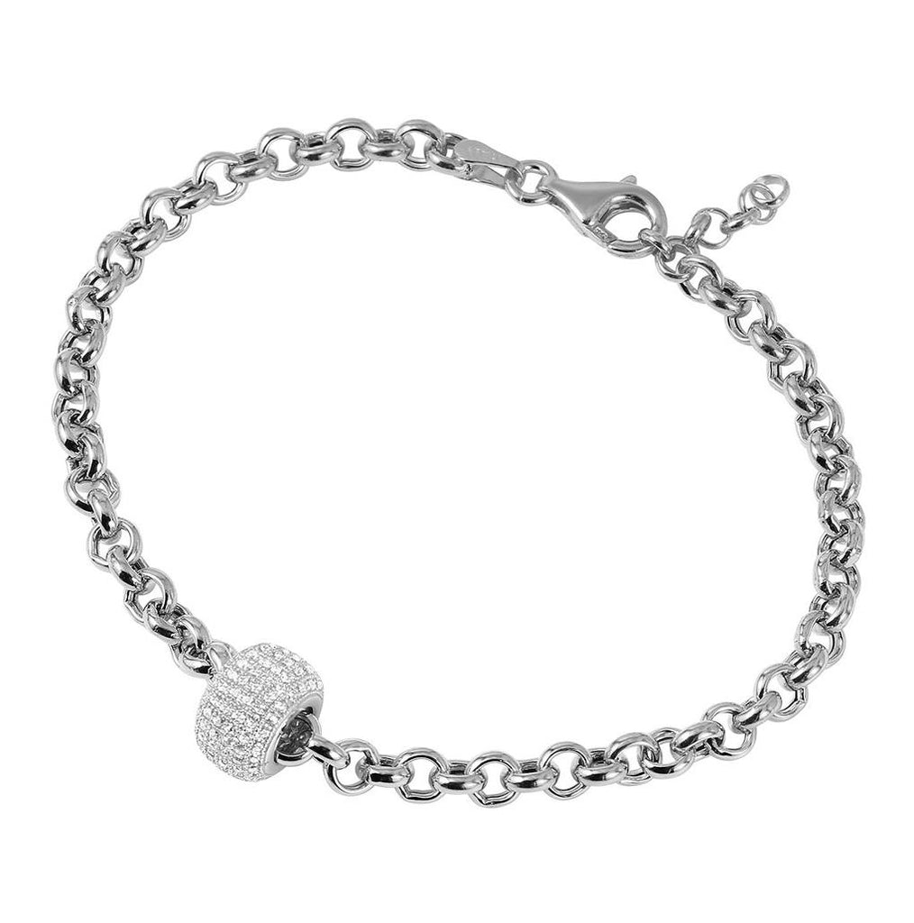 .925 Sterling Silver Rhodium Plated Rolo Bracelet With Micro Pave Center Bead