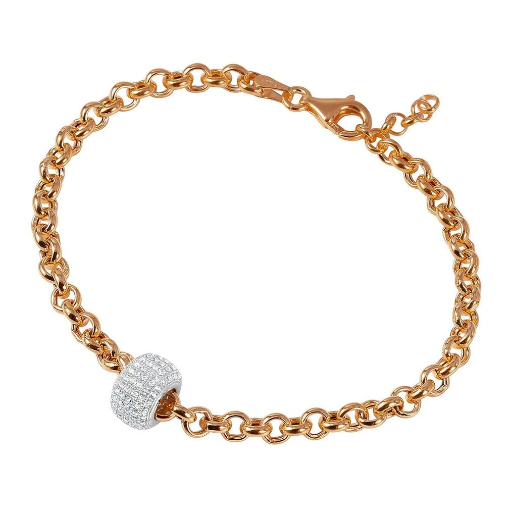 .925 Sterling Silver Rose Gold Plated Rolo Bracelet With Micro Pave Center Bead