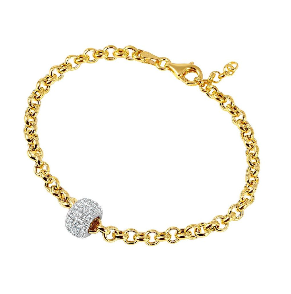 .925 Sterling Silver Gold Plated Rolo Bracelet With Micro Pave Center Bead