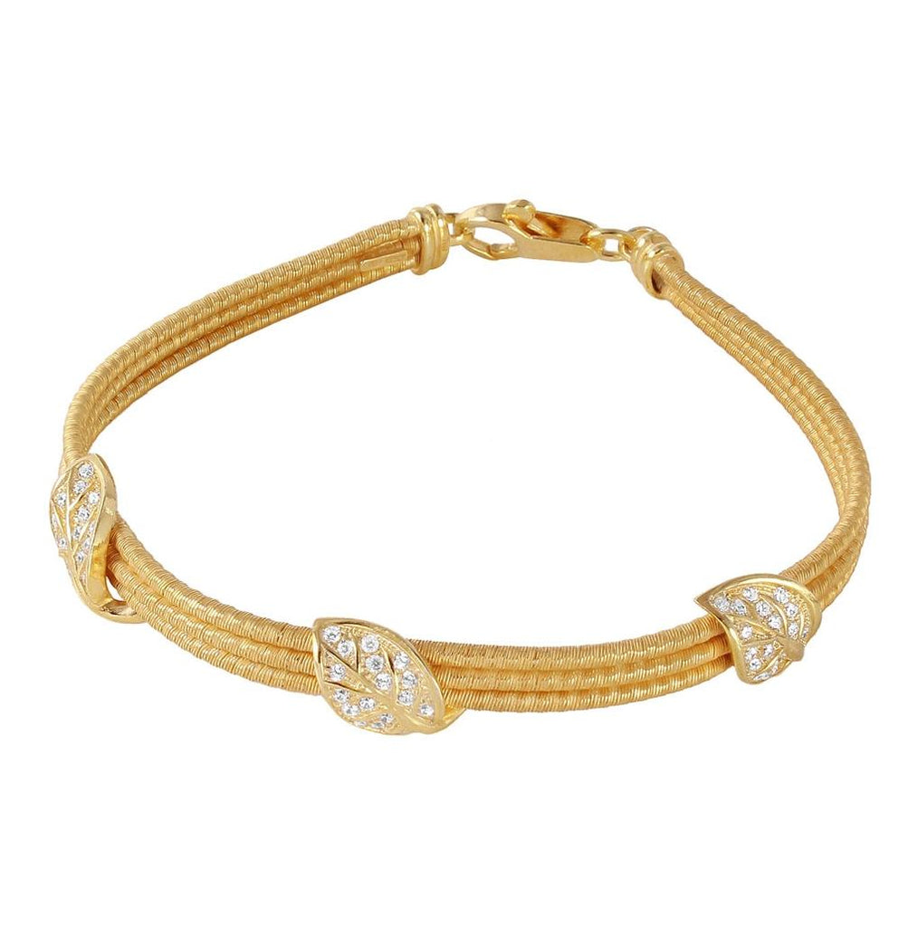 .925 Sterling Silver Gold Plated 3 Cz Leaves Italian Bracelet