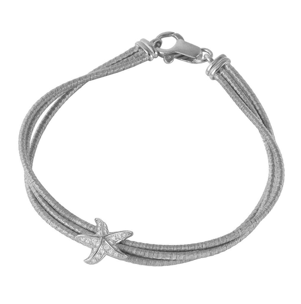 .925 Sterling Silver Rhodium Plated Cz Starfish Italian Bracelet