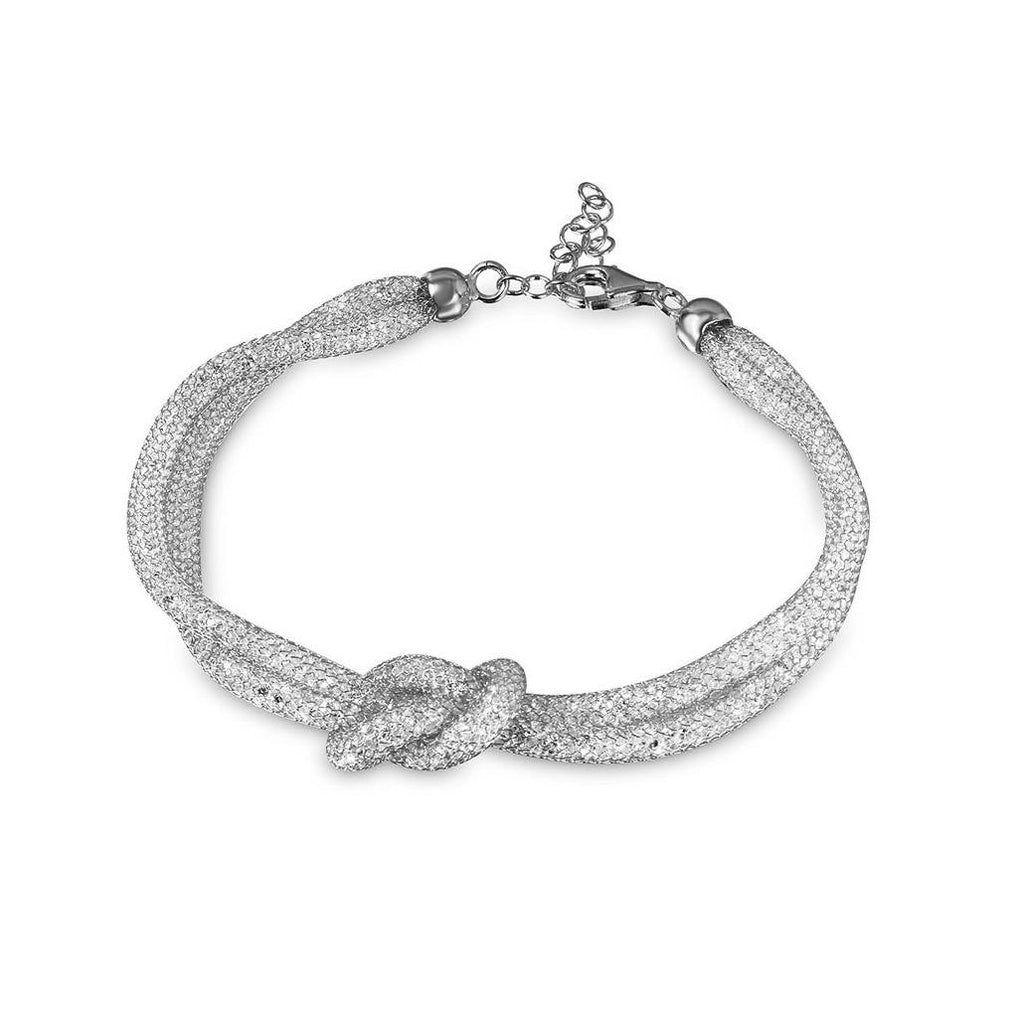 .925 Sterling Silver Italian Rhodium Plated Mesh Knot Center Design Bracelet With Cz