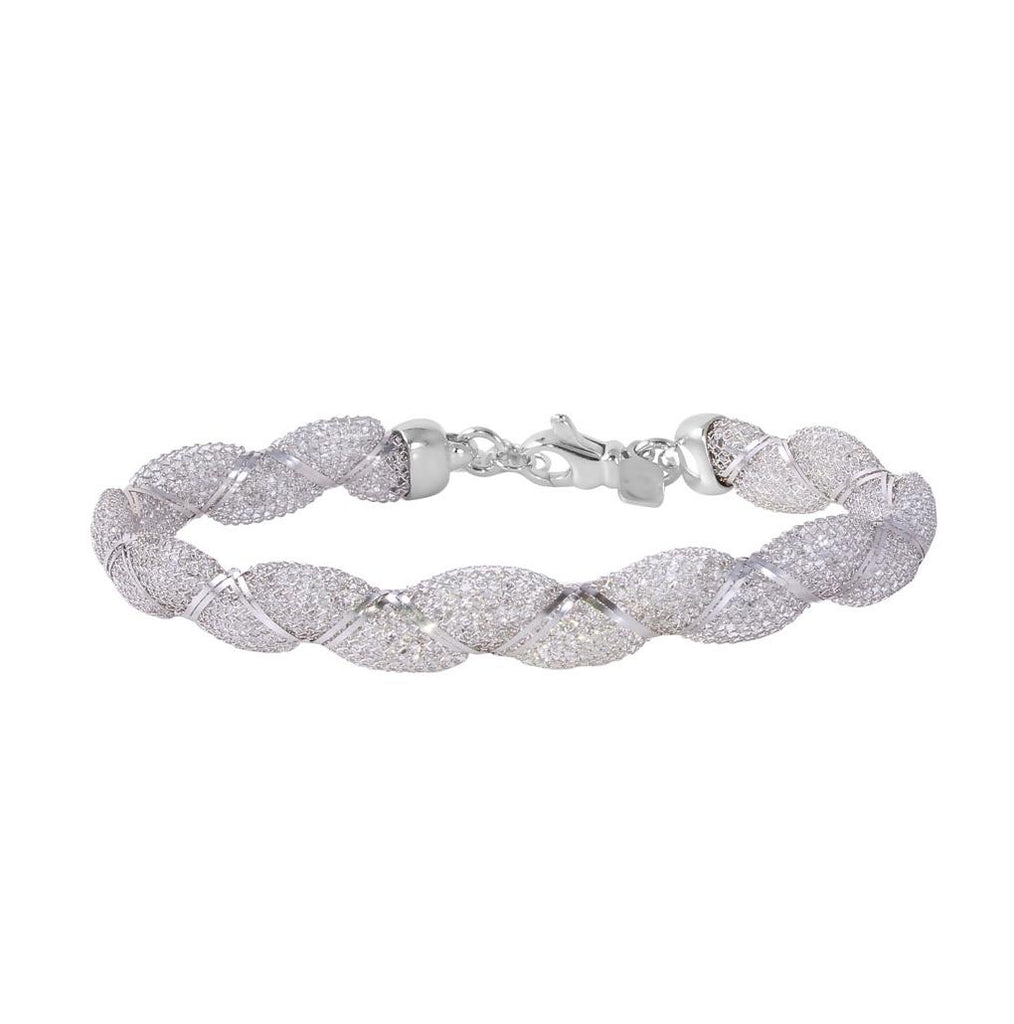 .925 Sterling Silver Rhodium Plated Mesh And Wrapped Embedded Cz Italian Bracelet