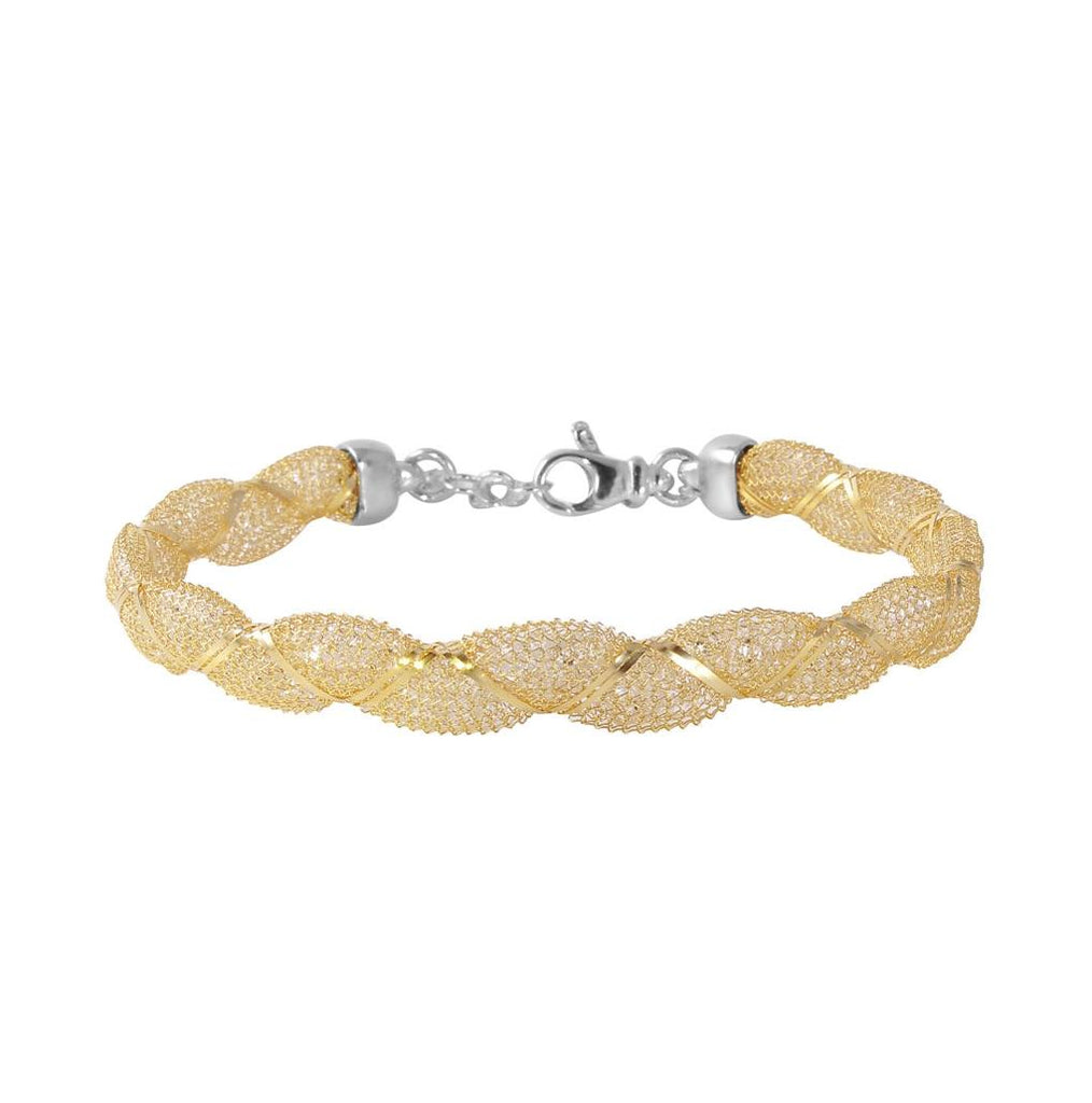 .925 Sterling Silver Gold Plated Mesh And Wrapped Embedded Cz Italian Bracelet