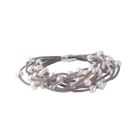 .925 Sterling Silver Black Rhodium Plated Mesh Bracelet Italian Bracelet With White Pearls