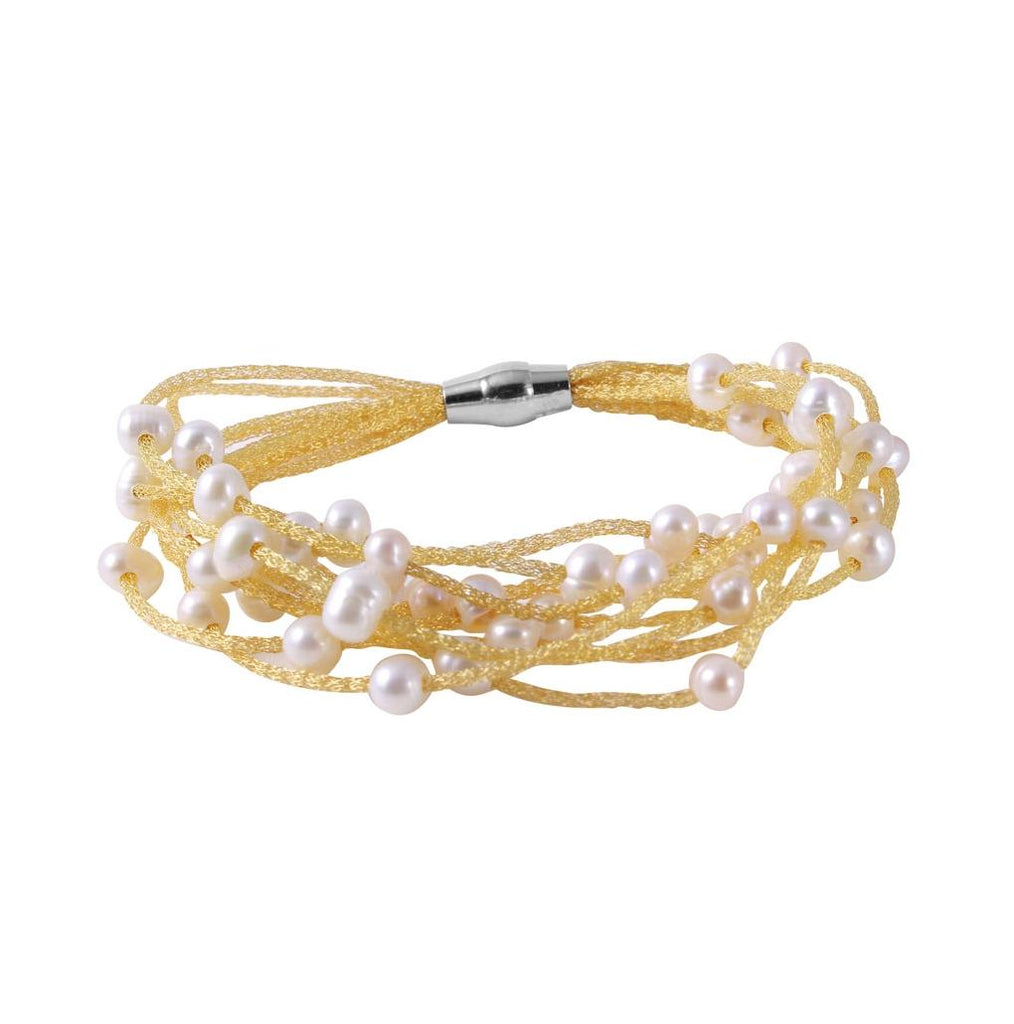 .925 Sterling Silver Gold Plated Mesh Italian Bracelet With White Pearls