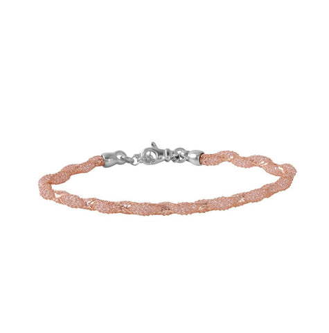 .925 Sterling Silver Rose Gold Plated Mesh And Wrapped Embedded Cz Slim Italian Bracelet