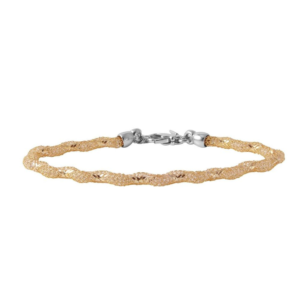 .925 Sterling Silver Gold Plated Mesh And Wrapped Embedded Cz Slim Italian Bracelet