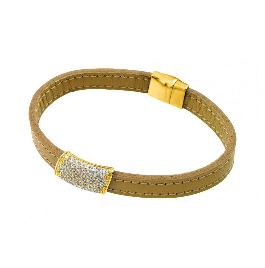 .925 Sterling Silver Gold Plated Clear Cz Inlay Yellow Leather Bracelet