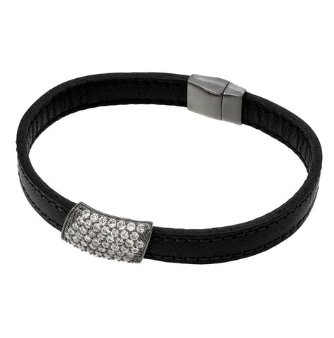 .925 Sterling Silver Rhodium Plated Clear Micro Pave Cz Black Leather Bracelet