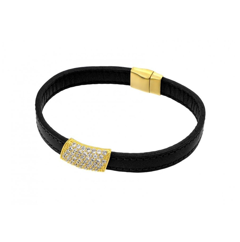 .925 Sterling Silver Gold Plated Clear Micro Pave Cz Black Leather Bracelet