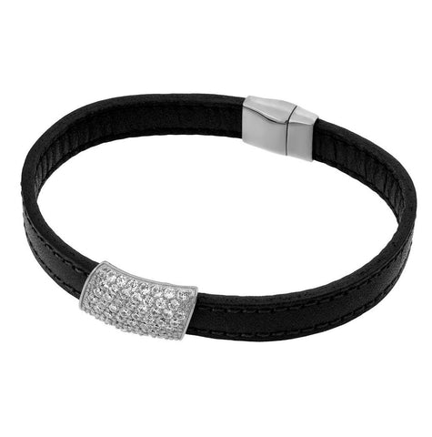 .925 Sterling Silver Rhodium Plated Clear Micro Pave Cz Black Leather Bracelet