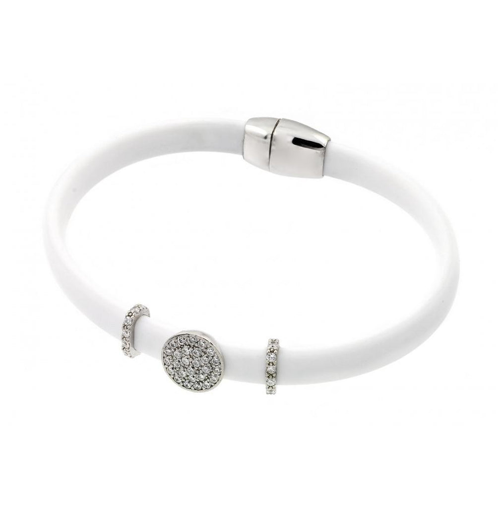 .925 Sterling Silver Rhodium Plated Clear Micro Pave Cz White Leather Bracelet