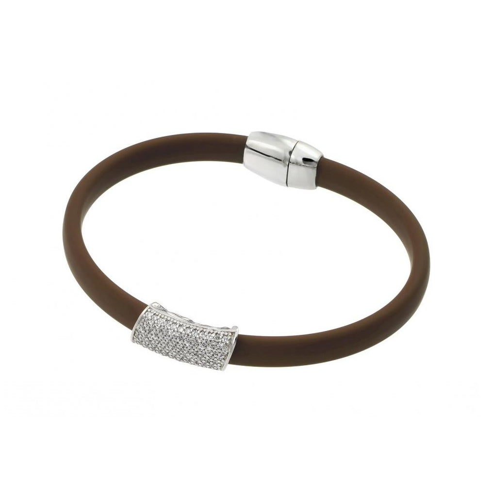 .925 Sterling Silver Rhodium Plated Clear Micro Pave Cz Brown Rubber Bracelet