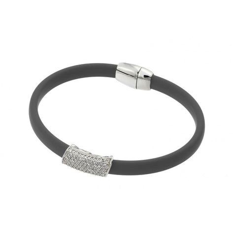 .925 Sterling Silver Rhodium Plated Clear Micro Pave Cz Grey Rubber Bracelet