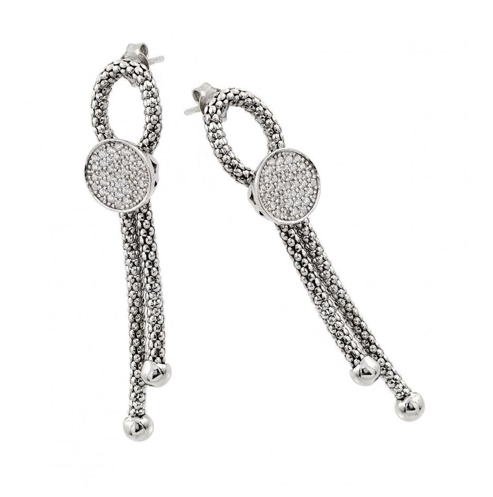 .925 Sterling Silver Rhodium Plated Dangling Ribbon Center Circle Cz Inlay Dangling Stud Earrings