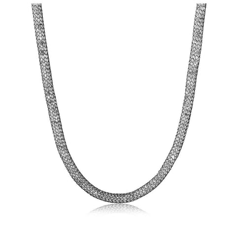 .925 Sterling Silver Black Rhodium Plated Mesh Embeded Cz Thin Italian Necklace