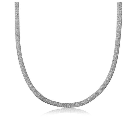 .925 Sterling Silver Rhodium Plated Thin Italian Necklace Mesh Embeded Cz