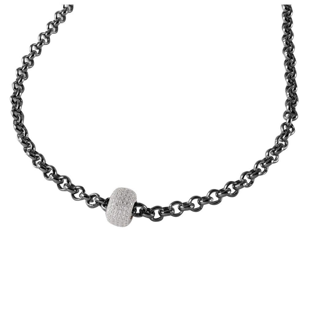 .925 Sterling Silver Black Rhodium Plated Rolo Chain Necklace With Micro Pave Cz Round Pendant