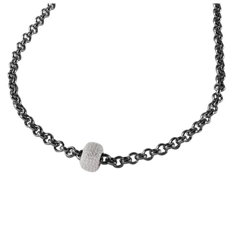 .925 Sterling Silver Black Rhodium Plated Rolo Chain Necklace With Micro Pave Cz Round Pendant