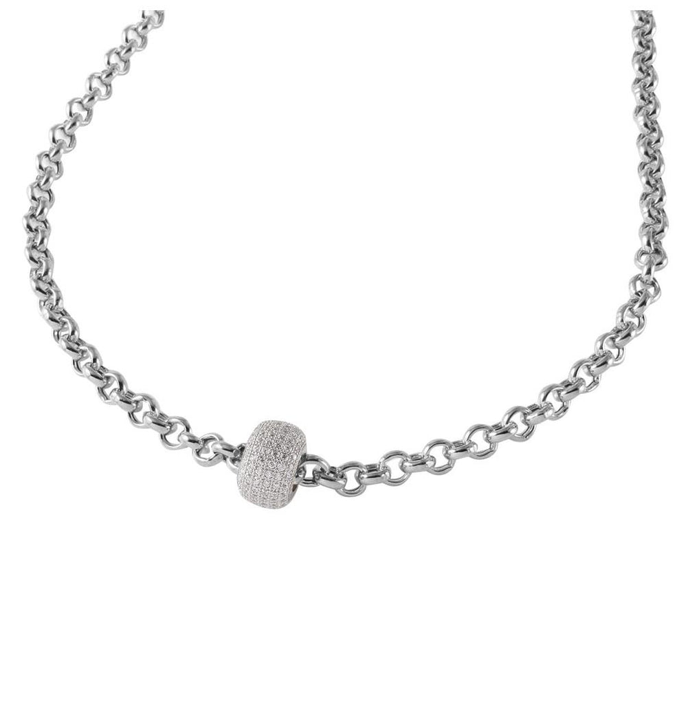 .925 Sterling Silver Rhodium Plated Rolo Chain Necklace With Micro Pave Cz Round Pendant