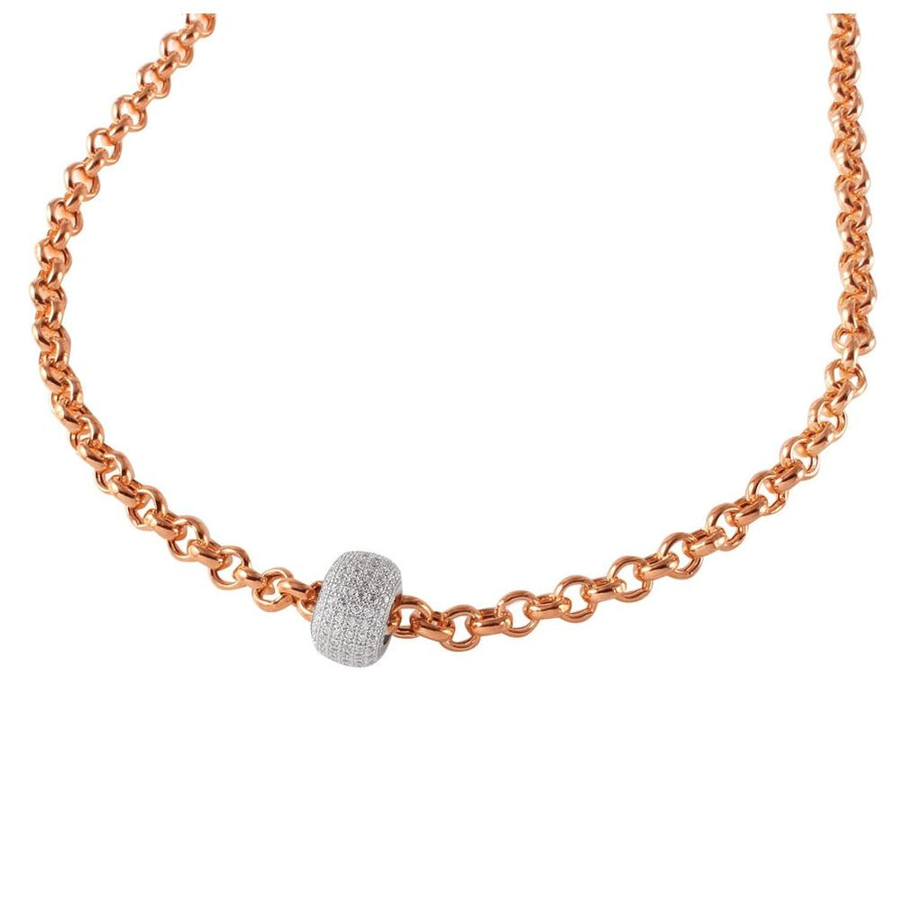 .925 Sterling Silver Rose Gold Plated Rolo Chain Necklace With Micro Pave Cz Round Pendant