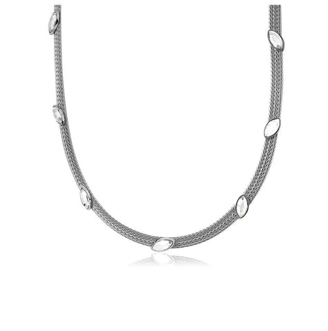 .925 Sterling Silver Rhodium Plated Italian Necklace With Marquise Stone Crystals