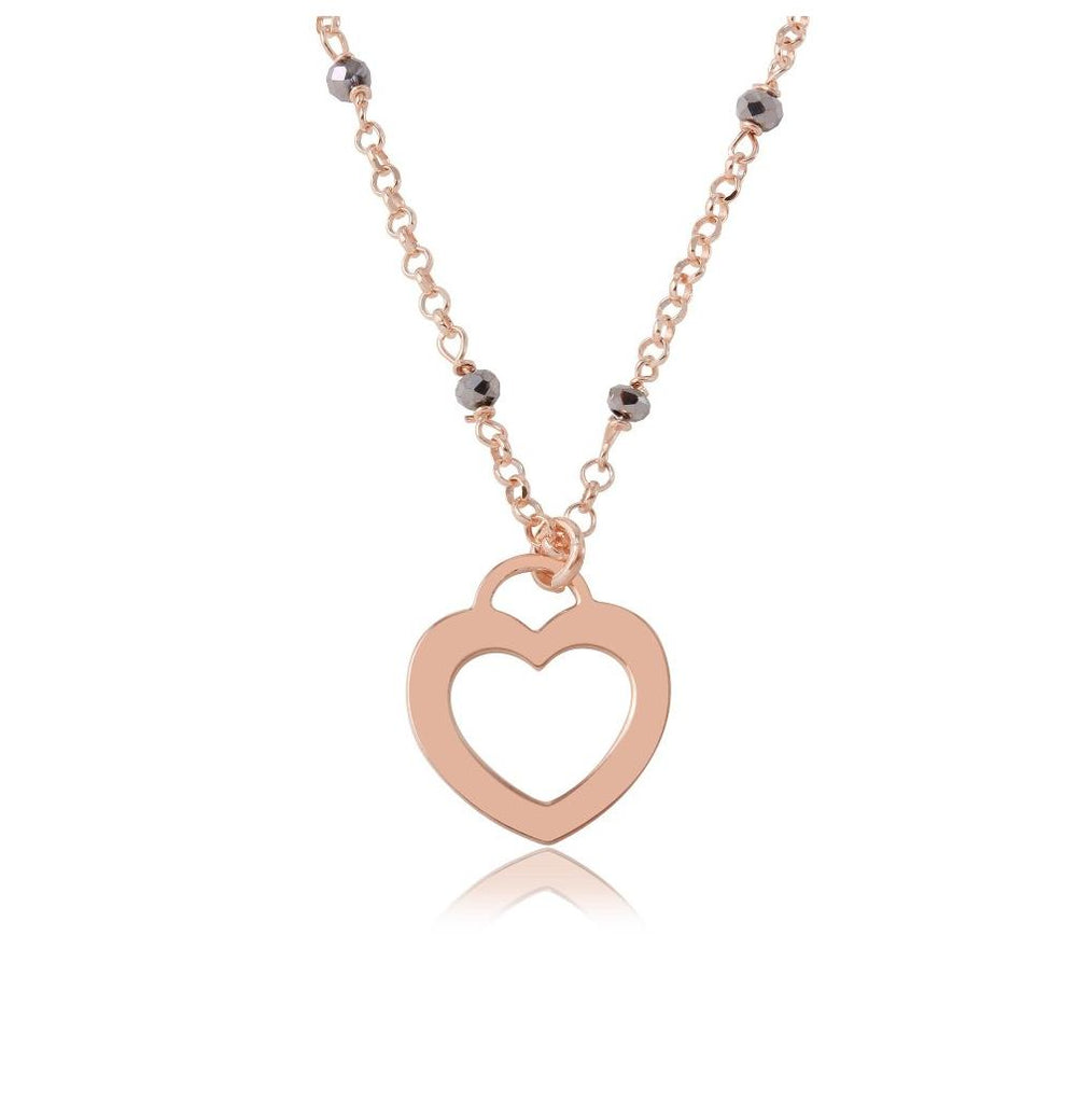 .925 Sterling Silver Rose Gold Plated Black Dc Beads Chain With Open Heart