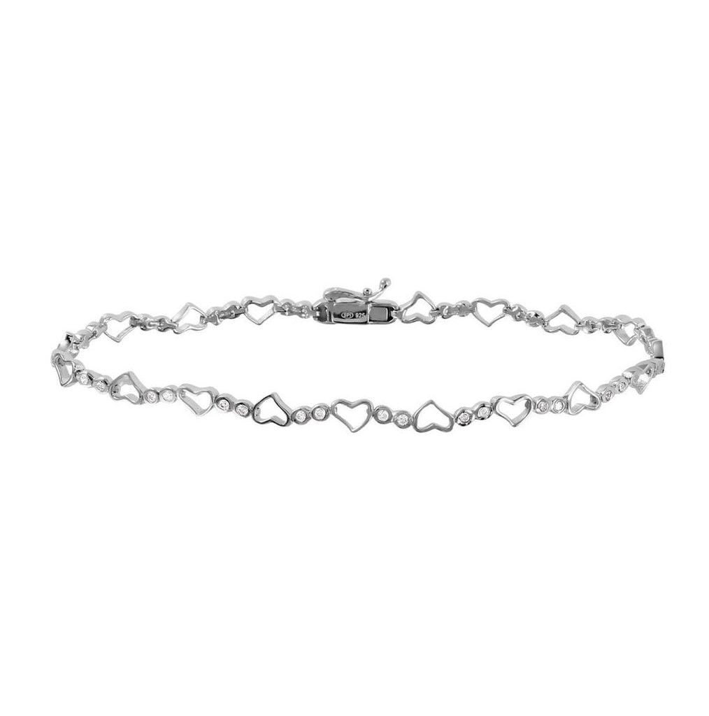 .925 Sterling Silver Rhodium Plated Heart And Circles Cz Accented Bracelet