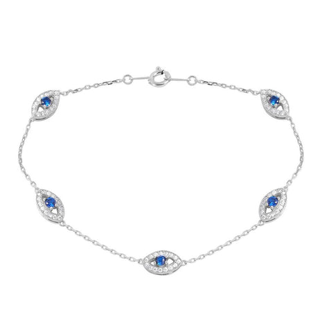 .925 Sterling Silver Rhodium Plated Small Round Evil Eye Chain Bracelet