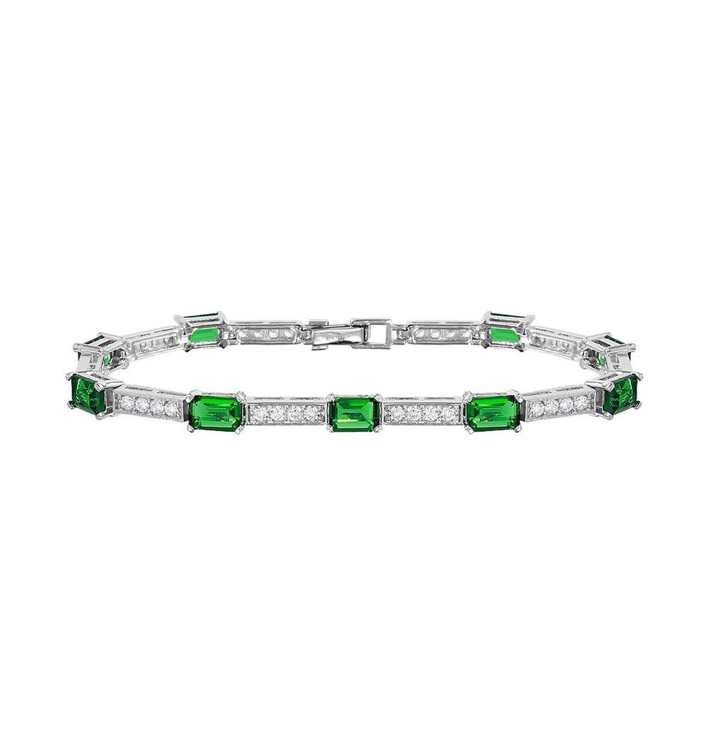 .925 Sterling Silver Rhodium Plated Multi Square Clear And Green Cz Tennis Bracelet