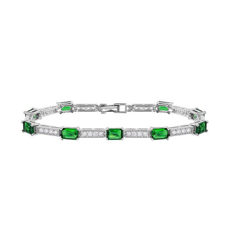 .925 Sterling Silver Rhodium Plated Multi Square Clear And Green Cz Tennis Bracelet