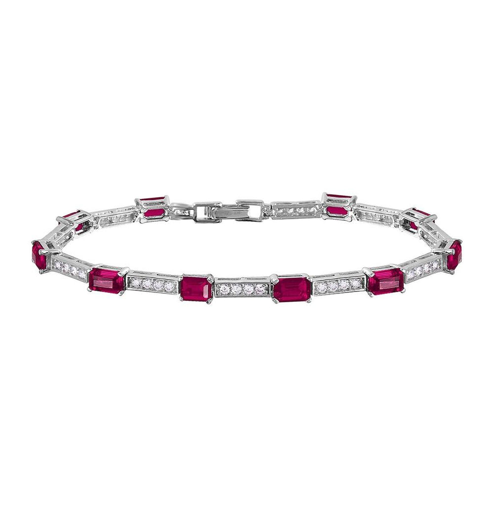 .925 Sterling Silver Rhodium Plated Multi Square Clear And Ruby Cz Tennis Bracelet