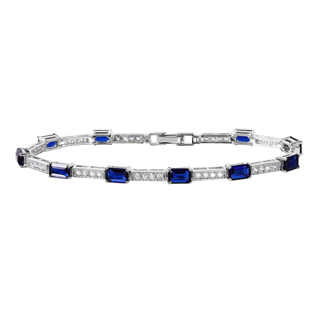 .925 Sterling Silver Rhodium Plated Multi Square Clear And Blue Cz Tennis Bracelet