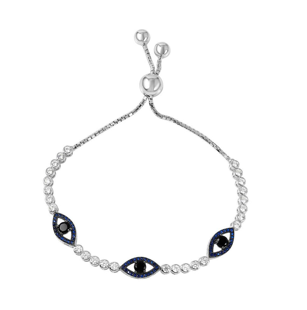 .925 Sterling Silver Rhodium Plated 3 Blue Cz Evil Eye Bubble Link Bracelet